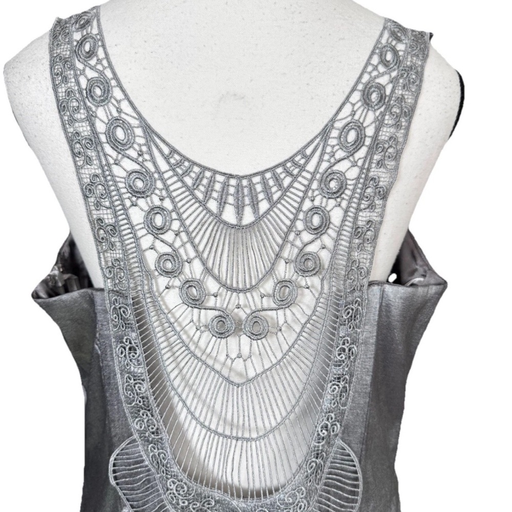 Jessica McClintock Silver Metallic Ruched V-Neck Mini Dress 14 Lace Back Prom - Picture 5 of 9